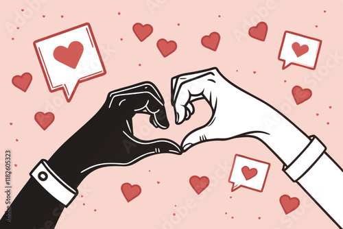 Pink background, social media love icons, heart symbols, floating red notification bubbles, black and white hands forming heart shape, minimalist design, contrast, digital art, romantic concept, onlin