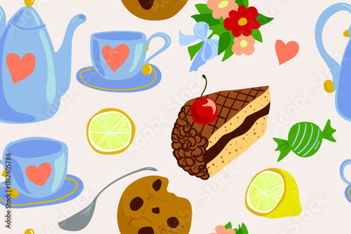 Tea with sweets. Seamless pattern with hand drawn teapot, cups, flowers and sweets. Vector