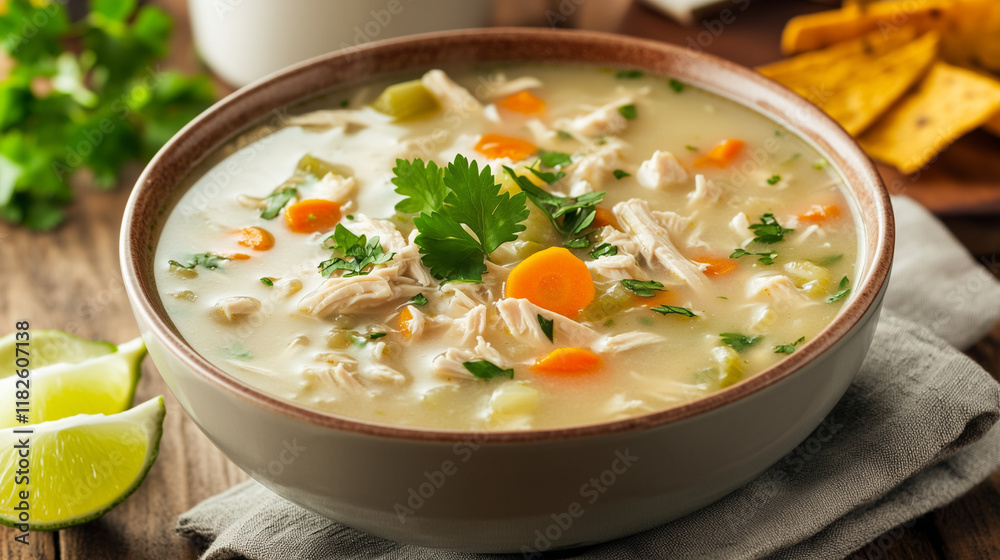 Instant Pot Chicken Soup with Cilantro, Lime, and Tortilla Strips on Rustic Wooden Table Instant Pot Chicken Soup with Cilantro, Lime, and Tortilla Strips on Rustic Wooden Table