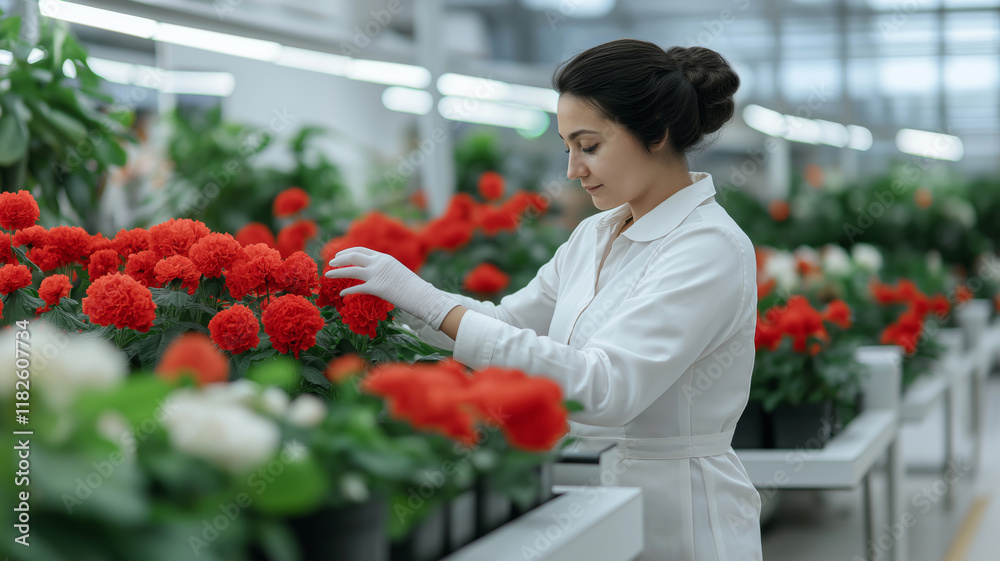 Female horticulturist examining vibrant red flowers in a greenhouse. Female horticulturist examining vibrant red flowers in a greenhouse.