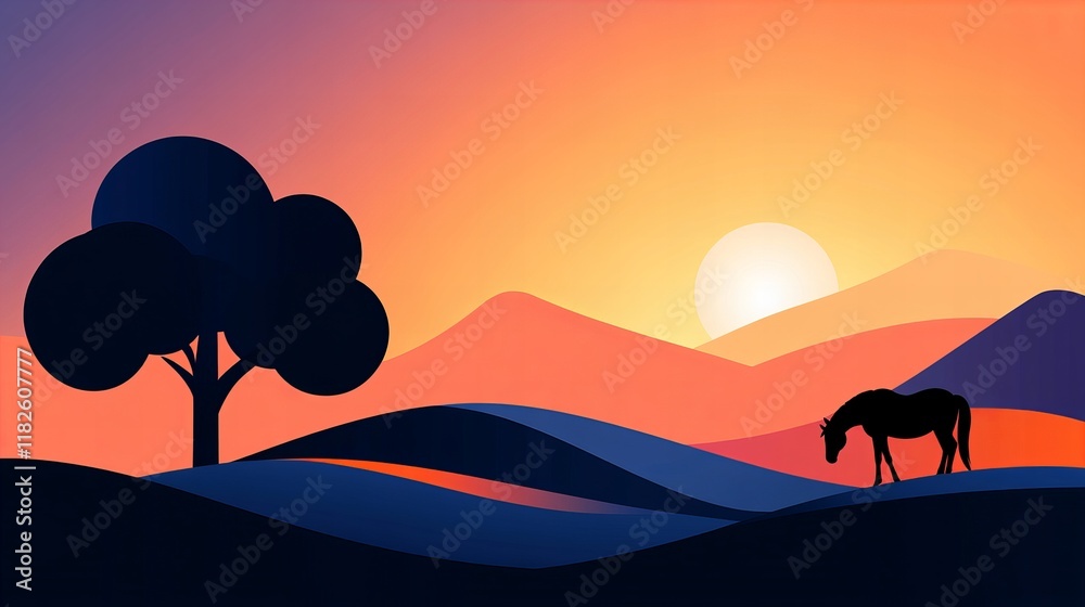 Fototapeta premium Silhouette of a horse grazing peacefully in a serene sunset landscape, a single tree standing tall.