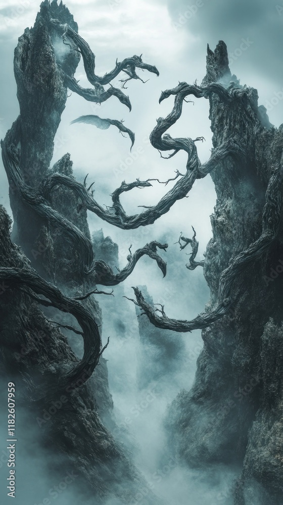 Obraz premium Twisted, gnarled trees rise from misty canyon.