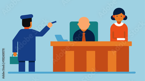 Witness on Stand A witness is sitting in a wooden witness stand raising their hand to point directly at a suspect seated at a table. The courtroom has a judges bench in the