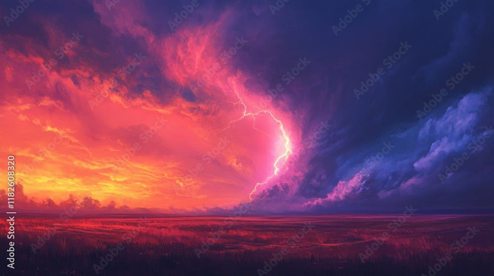 Vibrant sunset landscape with dramatic lightning storm clouds over a flat field. Vibrant sunset landscape with dramatic lightning storm clouds over a flat field.