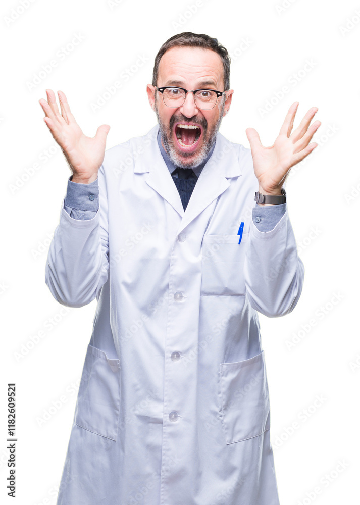 Middle age senior hoary professional man wearing white coat over isolated background celebrating crazy and amazed for success with arms raised and open eyes screaming excited. Winner concept Middle age senior hoary professional man wearing white coat over isolated background celebrating crazy and amazed for success with arms raised and open eyes screaming excited. Winner concept