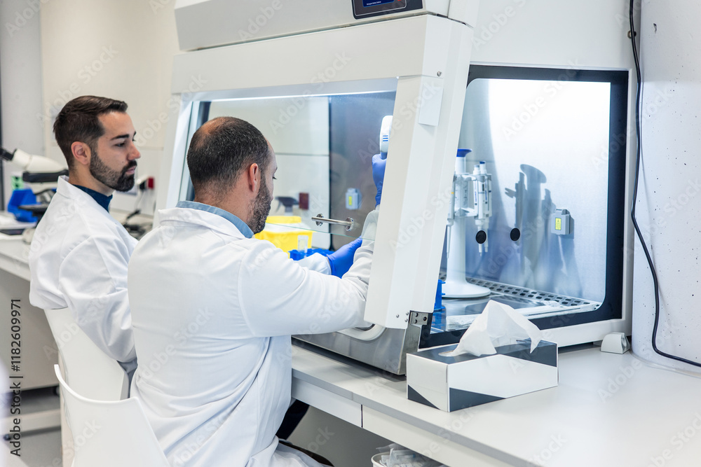 Scientists working with advanced equipment in modern laboratory Scientists working with advanced equipment in modern laboratory