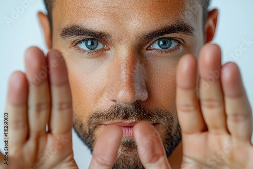 A man shielding his face from view with his hands photo