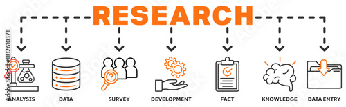 Research banner web icon vector illustration concept with icon of analysis, data, survey, development, fact, knowledge, data entry	
