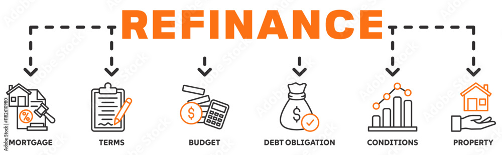 Refinance banner web icon vector illustration concept with icon of mortgage, terms, budget, debt obligation, conditions, property Refinance banner web icon vector illustration concept with icon of mortgage, terms, budget, debt obligation, conditions, property