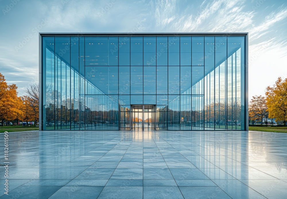 Fototapeta premium Modern glass building reflecting the sky surrounded by autumn trees