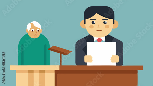 Witness on the Stand The witness sits at a wooden podium looking slightly nervous glancing at the lawyer while holding a pen with papers tered in front of them.