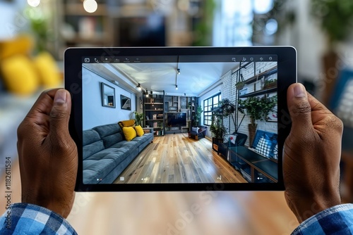 Real estate broker showcasing properties through live virtual tour using a tablet in online seminar.