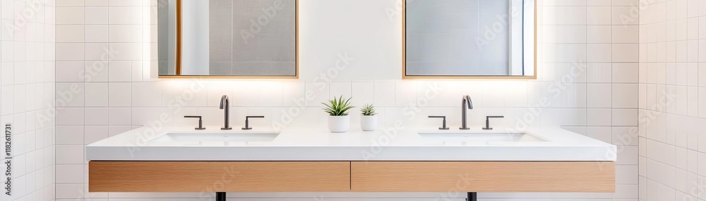 Fototapeta premium Dual floating vanities separated by a mirrored divider, enhancing privacy in shared spaces
