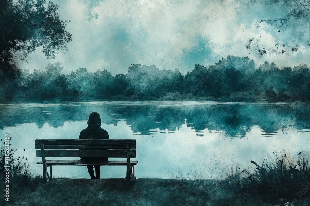 A person sitting on a bench looking out over a lake A person sitting on a bench looking out over a lake