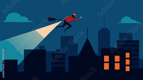 Urban Rooftops A figure dashing across rooftops partially illuminated by the helicopters light with the cityscape sprawling below.