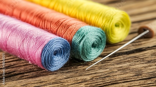 Colorful threads, needle, wood, sewing, craft, background, close-up, texture photo