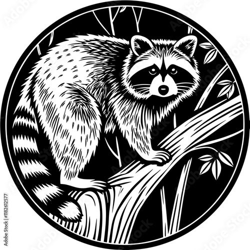 Clever Raccoon Perched on Branch in Woodcut Style
