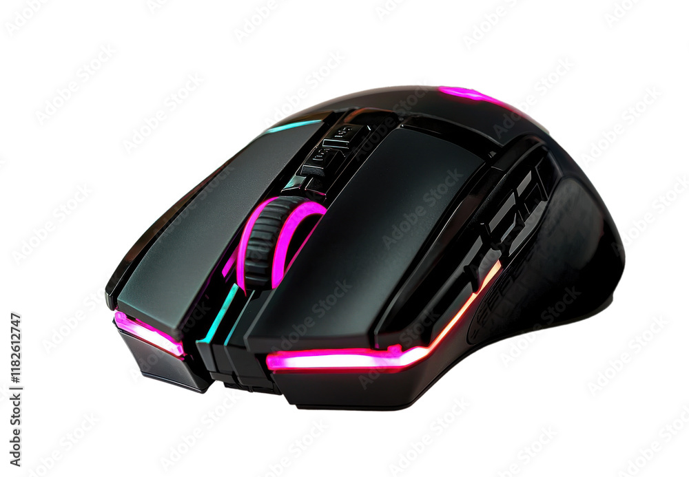 High-performance RGB gaming mouse close-up High-performance RGB gaming mouse close-up