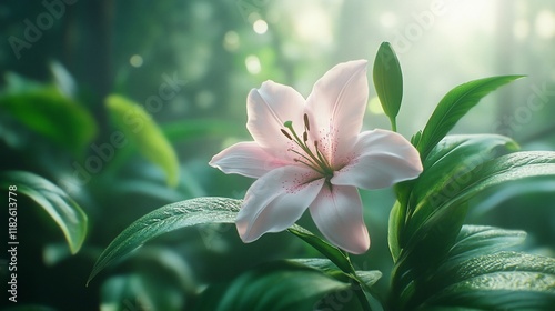 Pink lily blooming in sunlit forest photo