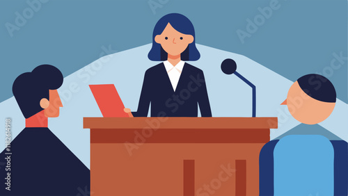 Witness Testifying A side view of a witness on the stand speaking into a microphone with the judge and lawyers in the background showing interest in the testimony.