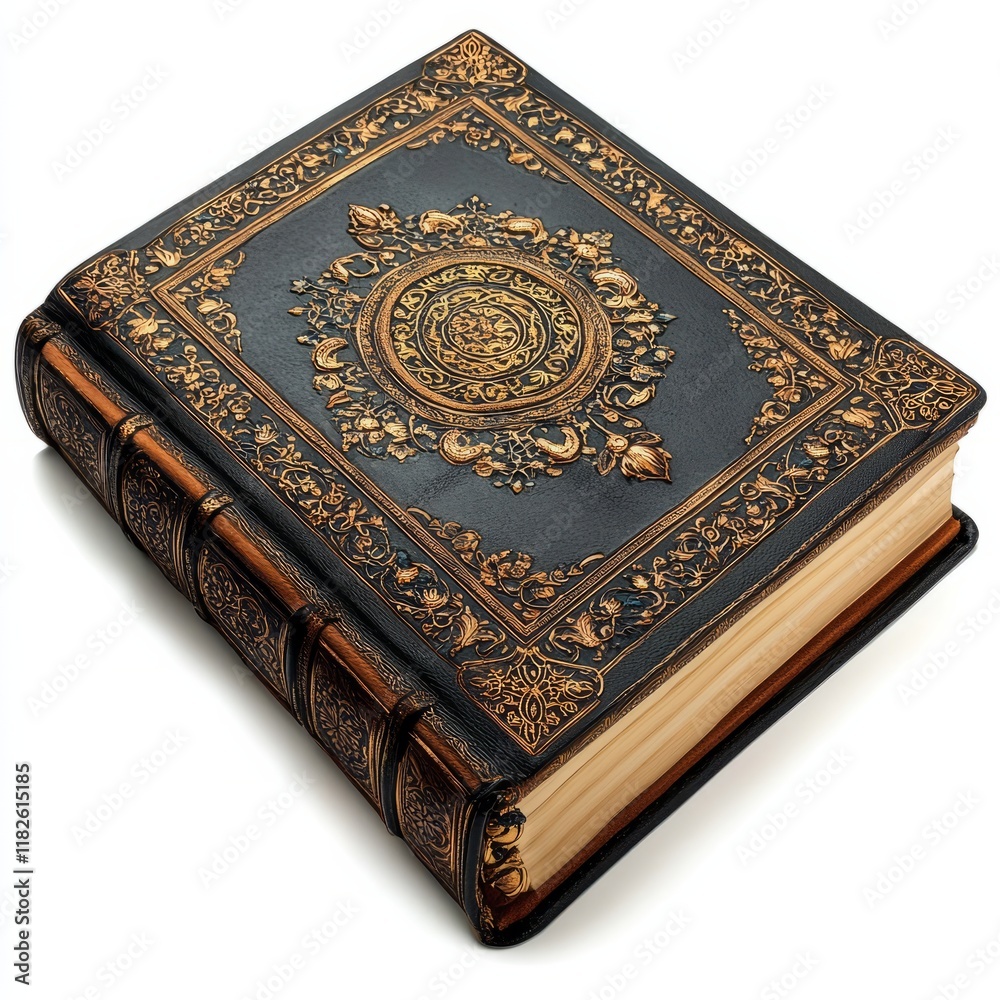 Fototapeta premium Intricately designed Quran cover with Islamic motifs isolated on white