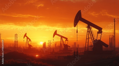 Silhouetted oil pump jacks at sunset against orange sky in urban landscape
