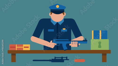 Weapons Loading An officer loading ammunition into a service rifle with additional weapons and equipment laid out on a nearby table.