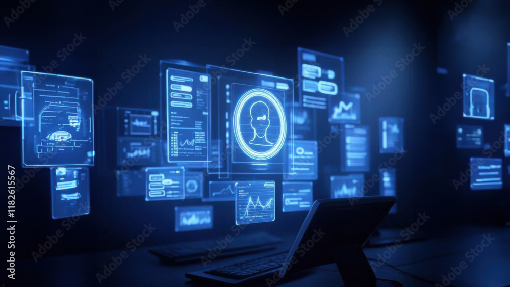 Fototapeta premium Futuristic computer with AI agents projecting a holographic interface