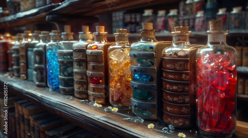 Wallpaper Mural Colorful potion bottles on wooden shelves in a fantasy apothecary Torontodigital.ca