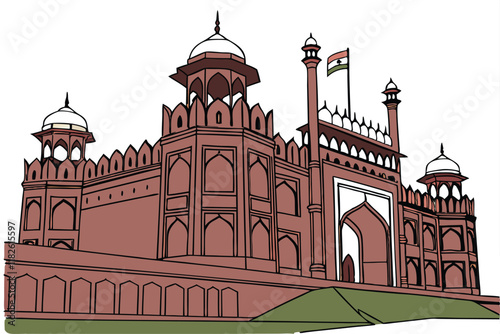 Red Fort, Delhi, iconic Indian architecture, symmetrical design, domed towers, arched windows, sandstone structure, detailed carvings, minarets, Indian flag, Mughal style, historical monument, heritag