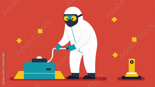 Using a Vacuum Sealer A worker operating a vacuum sealer to safely contain evidence while wearing a mask and goggles with evidence markers visible on the ground.