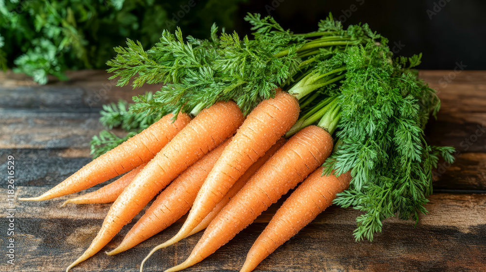 A bundle of freshly picked carrots with green tops lies on a wooden table A bundle of freshly picked carrots with green tops lies on a wooden table