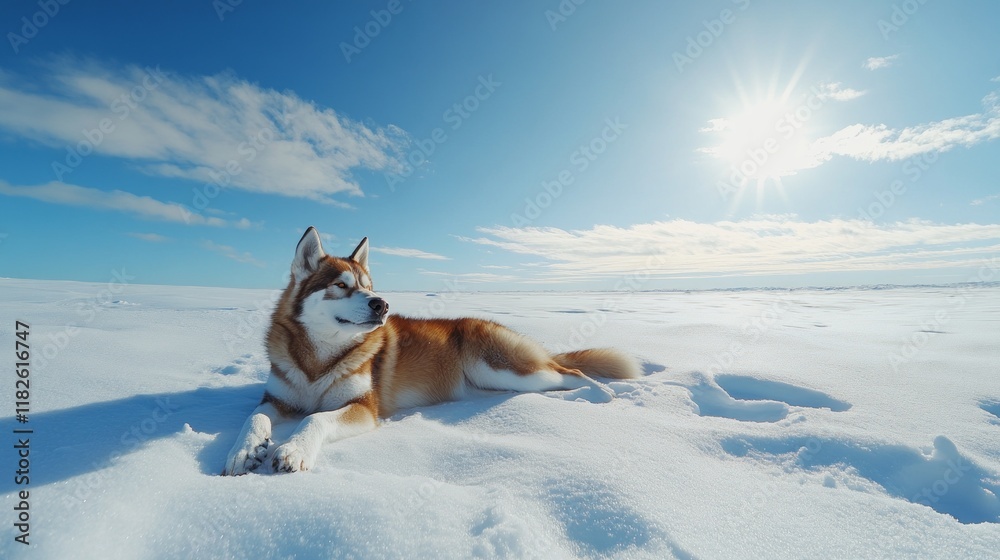 Naklejka premium Siberian husky relaxing in snow-covered landscape on a sunny day