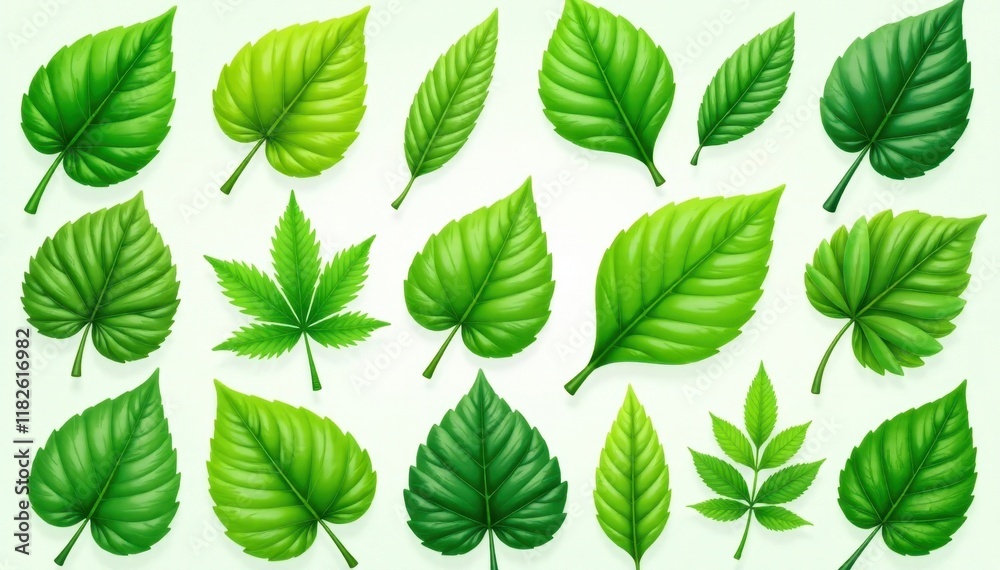 Fototapeta premium Collection of glossy green leaves, various shapes, seamless, assortment, plantlife