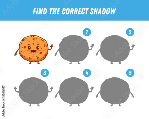 Find correct shadow of cookie. Educational logical game for kids. Funny cookie. Cartoon character. 