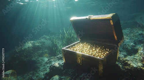 Sunlit underwater treasure chest filled with sparkling gold coins in ocean depths photo