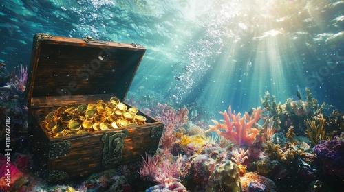 Sunlit treasure chest among vibrant coral reefs underwater photo