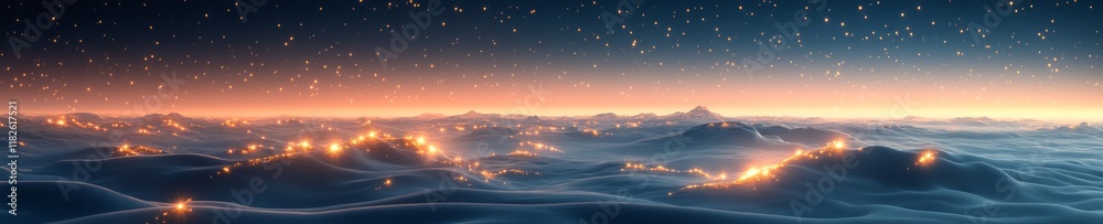 Fototapeta premium Celestial Landscape Ethereal Mist and Glowing Stars Over Surreal Mountain Scene at Twilight