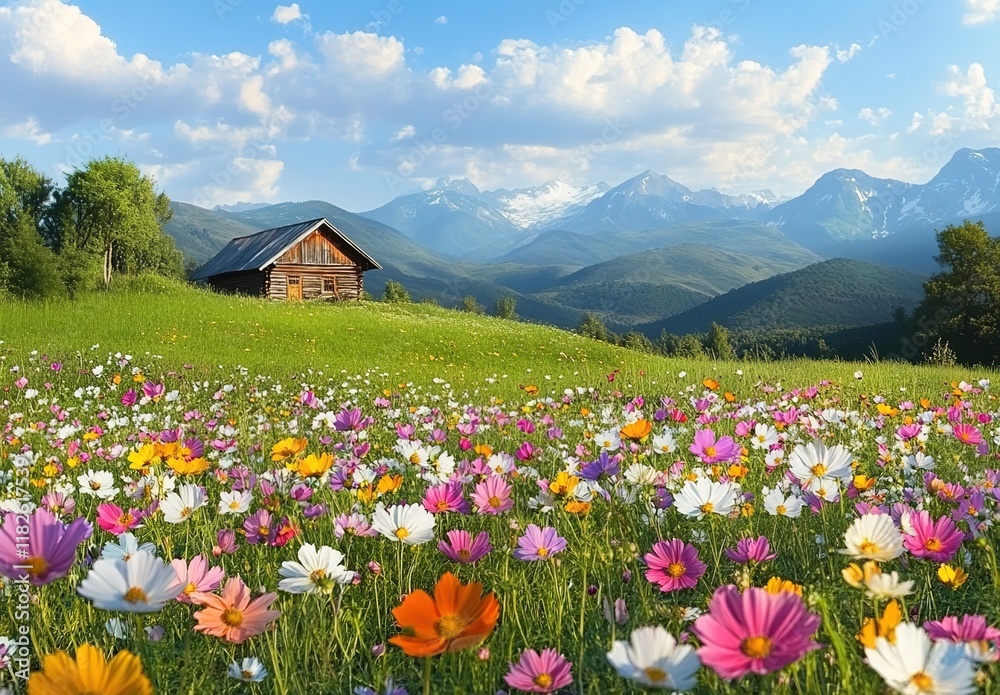 Beautiful flower field with colorful cosmos flowers in the foreground, green grass, and mountains in the background Beautiful flower field with colorful cosmos flowers in the foreground, green grass, and mountains in the background