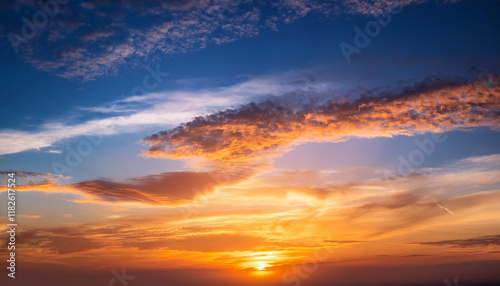 sundown sky inside the morning with colourful orange dawn on blue white clouds sky history