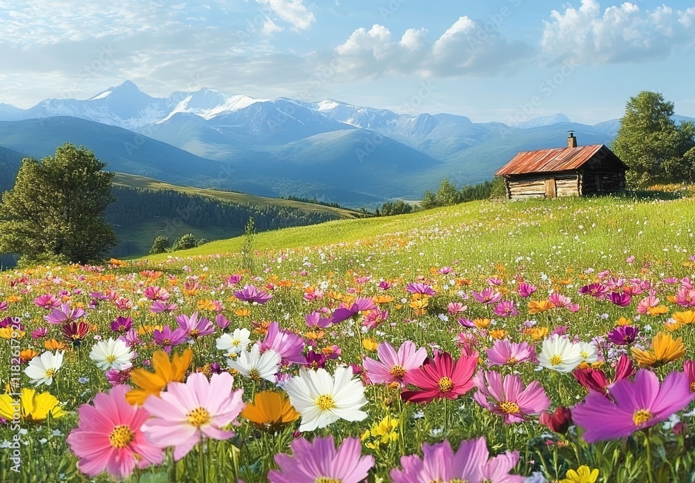 Beautiful flower field with colorful cosmos flowers in the foreground, green grass, and mountains in the background Beautiful flower field with colorful cosmos flowers in the foreground, green grass, and mountains in the background