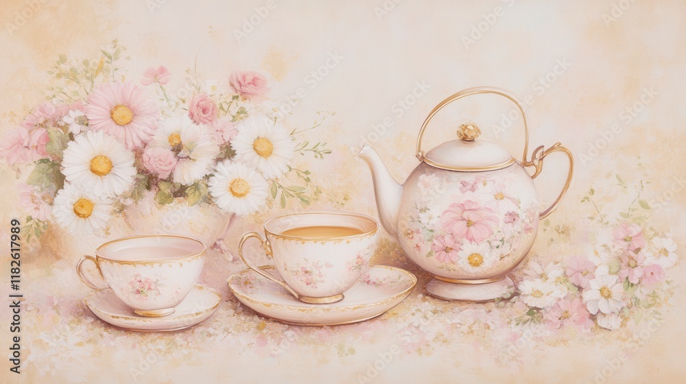 Fototapeta premium A Delicate Floral Tea Set: Pastel Teacups and Teapots in a Romantic Floral Scene