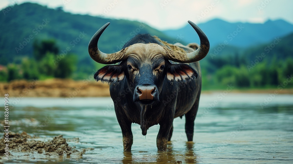 Naklejka premium Majestic Water Buffalo in Lush Natural Habitat
