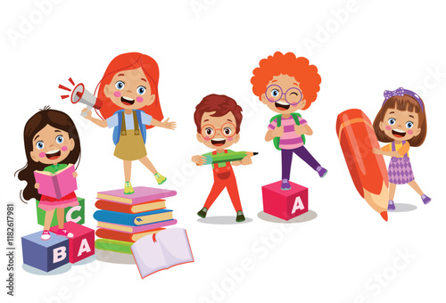 Vector Illustration Of Kids Playing in the clasroom photo