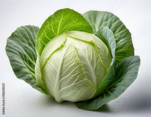 a vibrant white cabbage showcases its crisp leaves against a plain white background