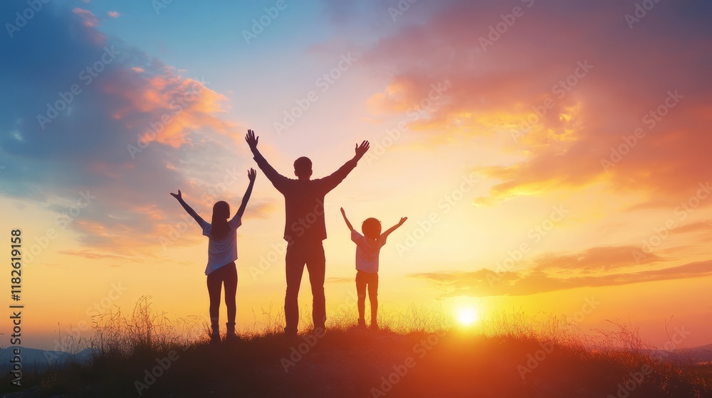 Silhouettes of family celebrating sunset on hilltop Silhouettes of family celebrating sunset on hilltop