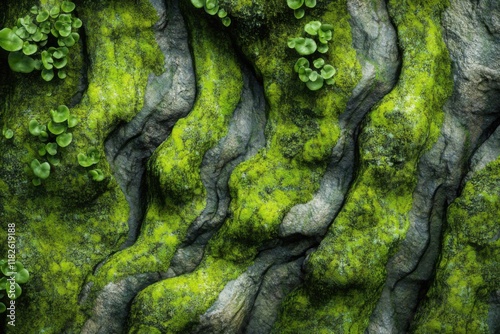 Textured green moss covered rock surface with small plants in a natural setting photo