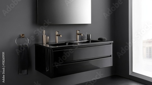 High-gloss black floating vanity, complemented by metallic accents for a bold statement photo