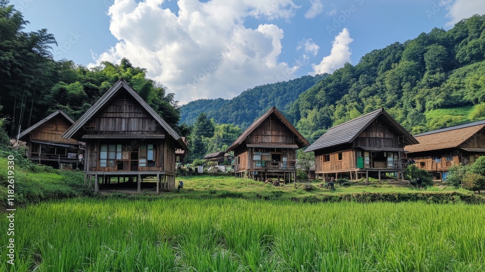 Wooden Village Homes in a Lush Valley Wooden Village Homes in a Lush Valley