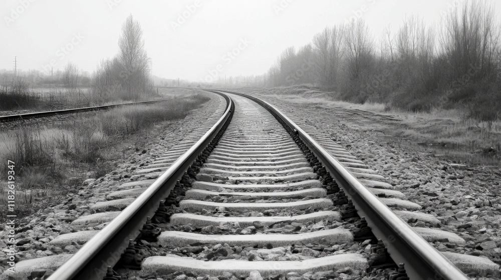 Black and white photo of railway tracks receding into misty distance. Black and white photo of railway tracks receding into misty distance.